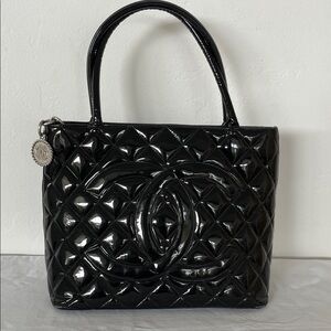 CHANEL Black Quilted Patent Leather Tote